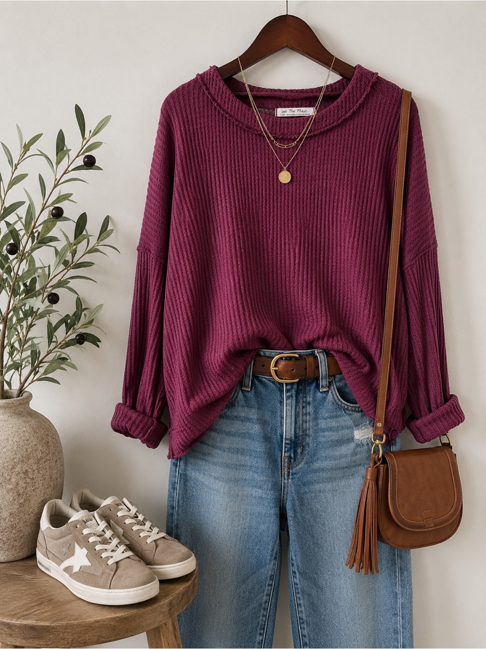 Free People | We the Free | Thermal Knit Top | Waffle Knit | Oversized | Large